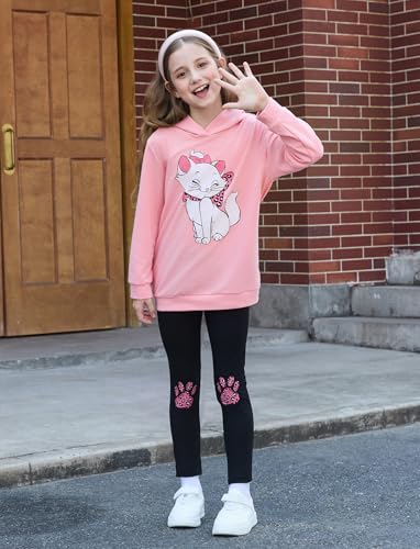 Image of PATPAT Girls 2 Piece Outfits Size 10-11 Years Pink Cat Print Hoodies and Black Leggings Clothing Sets Preppy Clothes For Girls Oversized Hoodie Sweat Set Sweatshirt Pant Sets