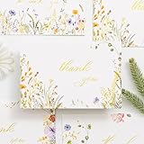 Crisky 4 Assorted Gold Foil Thank You Cards, Watercolor WildFlowers (50 Cards with Envelopes for Birthday, Baby Shower, Bridal Shower, Wedding, All Occasion)