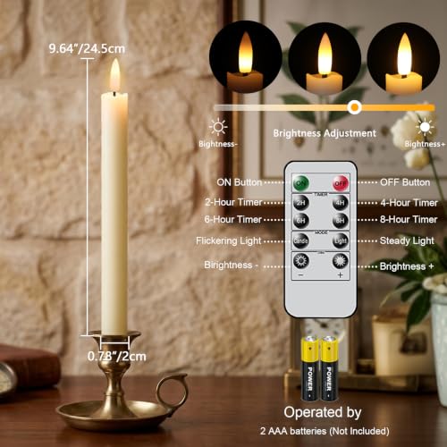 Image of GenSwin LED Taper Candles Flickering with Remote Timer, Battery Operated Taper Flameless Candles with 3D Wick Real Wax Window Candlesticks Pack of 2 for Home Wedding Decor(Ivory, 0.78 x 9.64 Inch)