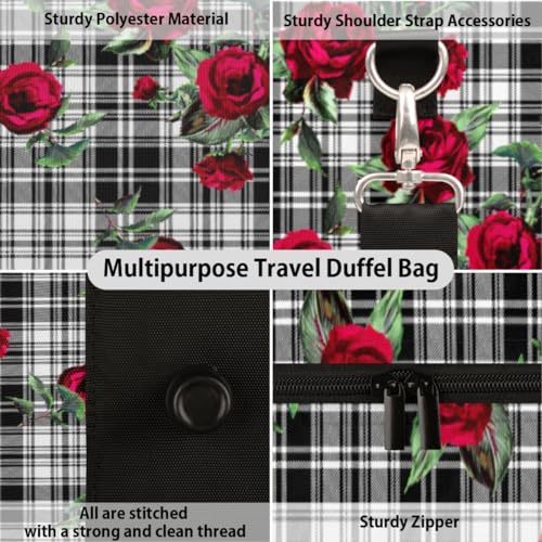 Rose Flower Plaid Travel Duffel Bag, Buffalo Plaid Sports Tote Gym Bag, Foldable Weekender Overnight Bag, Luggage Handle Bag for Women Men3