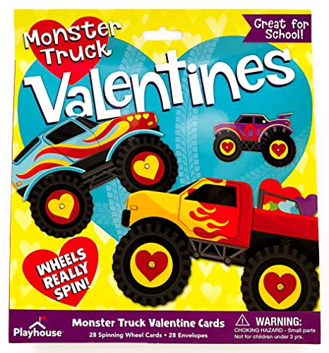 Playhouse Spinning Wheels Monster Trucks 28 Card Super Valentine Exchange Pack for Kids