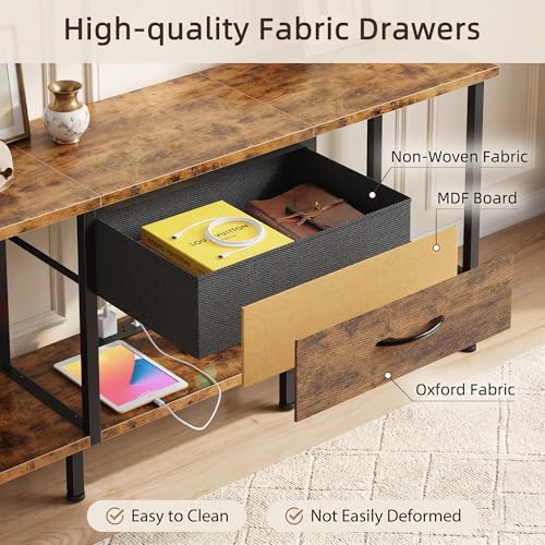 Image of GYIIYUO 47 inch TV Stand for 55 /50 /45 Inch TVs, Rustic Brown | Power Outlet, LED Light, Fabric Drawers, Open Storage, Industrial Style, Living Room & Bedroom