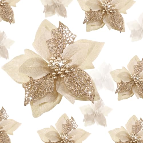 Boao 24 Pieces Christmas Artificial Glitter Poinsettia Flowers Xmas Flowers Wedding Christmas Tree...