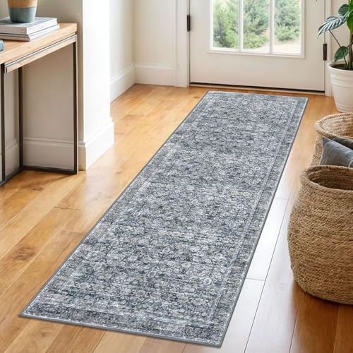 2x6 Grey Brown Washable Runner Rug for Hallways, Soft Neutral Vintage Kitchen Rugs with Non-Slip, Non-Shedding Distressed Floral Rug for Bedroom Kitchen Porch Laundry Entryway
