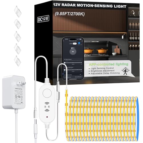 YSRSAI Warm White 2700K Smart COB LED Strip Light 9.85ft with Radar Motion Sensor, WiFi APP Control Dimmable Flexible LED Tape Light Timed for Google Home Alexa for Cabinets,Home&Office DIY Lighting