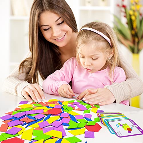 NINGESHOP Puzzle en Bois-Tangram-Jouets Montessori-Jouets éducatifs Classiques-Jouets Montessori avec 130 pièces de Forme Géométrique et 24 Cartes de Conception pour Les Petits Garçons Filles Enfant