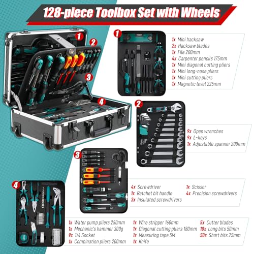TLGREEN Maletín de herramientas de 128 piezas, juego de herramientas con ruedas, caja de herramientas equipada, caja de herramientas móvil para manualidades, maestros del hogar - imagen 3