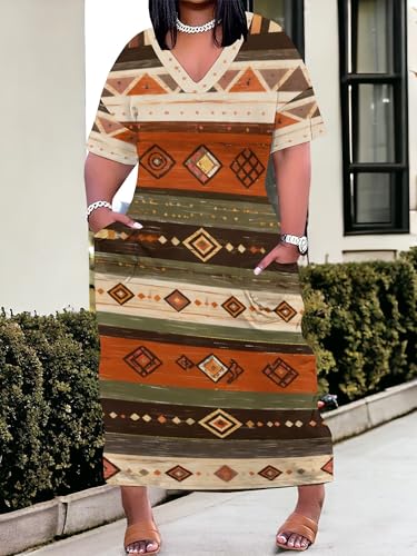 Image of Plus Size Maxi Dress for Women Short Sleeve V Neck Casual Loose Sundress with Pockets