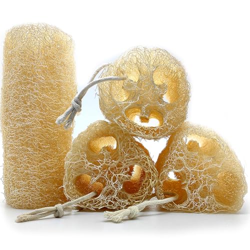 Esponja de ducha orgánica natural para exfoliar y suavizar la piel, 4 unidades de luffa de baño de 6 pulgadas para hombres y mujeres