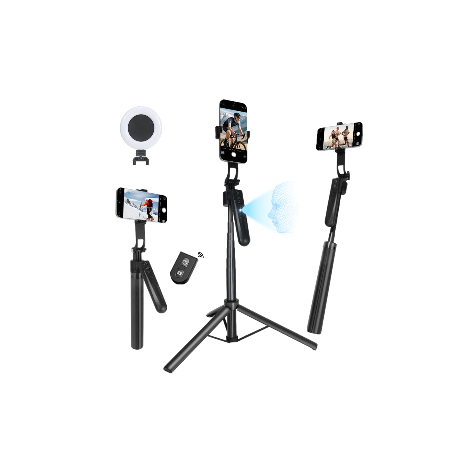 Trípode extensible de seguimiento facial automático, soporte de trípode para teléfono con rotación de 360° con trípode de luz con control remoto inalámbrico para teléfono celular, cámara inteligente