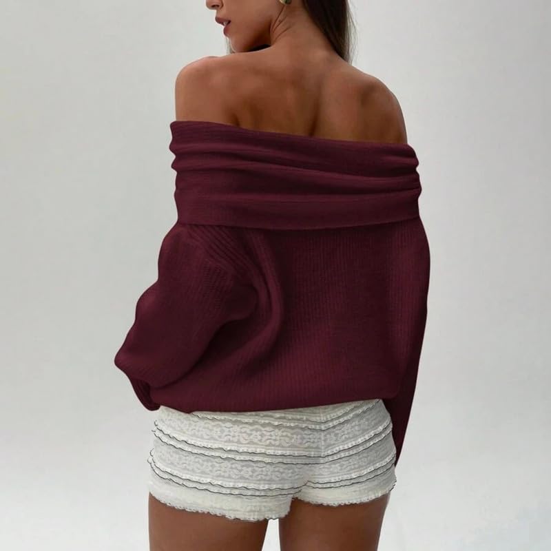 Image of Women Off The Shoulder Sweater Long Sleeve Ribbed Knit Top Y2k Pullover Sweaters Fall Going Out Streetwear