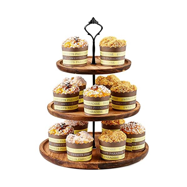 3 Tier Wood Cake Stand Large Serving Tray Wooden Rustic Cupcake Stand for 24 Cupcakes Dessert Display for Tea Party, Birthday, Wedding, Farmhouse, Woodland Baby Shower Decor (8''10''12'')