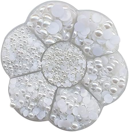 Chenkou Craft Random 1900pcs Assorted 7 Sizes Imitation Half Pearl Bead Flatback Scrapbook Craft DIY Loose Beads + Plastic Box (White)