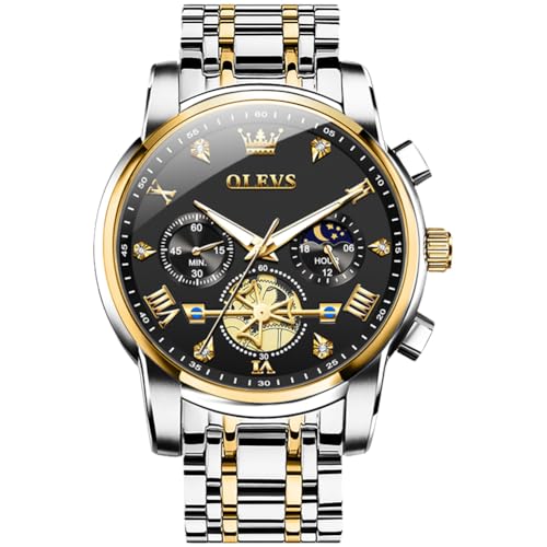 Image of OLEVS Watch for Men Stainless Steel Chronograph Big Face Easy to Read Analog Quartz Watches Luxury Waterproof Date Diamond Roman Arabic Numerals Dial Dress Wrist Watches, 2856:Two Tone&Gold Black,
