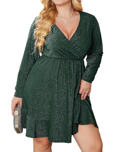 Zeagoo Plus Size Women's Sparkly Sequins Dress V Neck Skater Mini Club Cocktail Party Swing Dress Dark Green