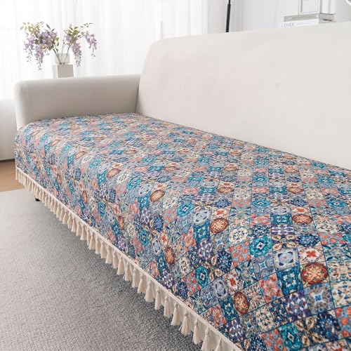 Image of Story@Home Quilted Anti Slip Sofa Cover Mat with 2 Armrest Cover, 3 Seater Velvet Sofa Protector with Tassels | Sofa Cover Mat for 1 /2 /3 Seater & L-Shape Sofa - 76 x 178 Cm - Multi Color