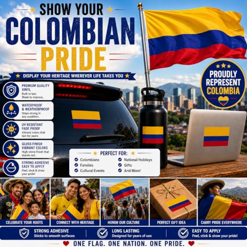 Image of Columbia Vinyl Flag Stickers, Car Decals, Waterproof Indoor Outdoor, Laptop Stickers, Car Bumper, Colombian Flag, 5 x 3 Inches, Set of 3