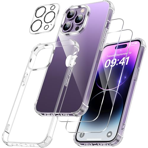 FLLAO 4 en 1 Coque pour iPhone 14 Pro avec 2 Verre Trempé et 1 Caméra Protecteur, [Coussin d'air Intégré] Antichoc Antirayures Bumper Protection Housse pour iPhone 14 Pro 6.1', Transparent