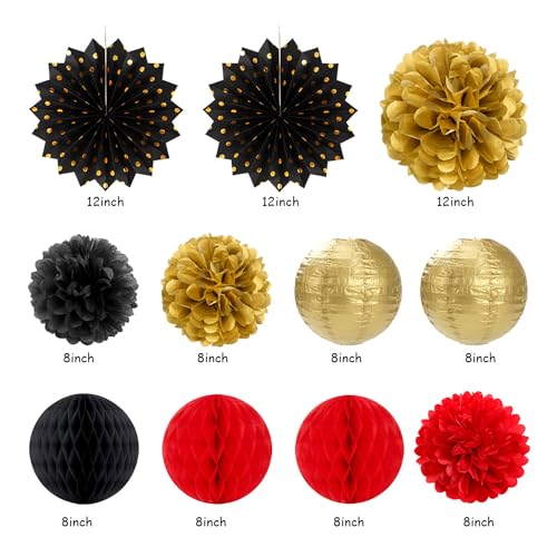 Image of Red-Black Gold Casino-Theme Birthday Party-Decorations - 21pcs Happy Banner,Game Night Paper Lanterns,Tissue Pom Poms Flower Fan,Honeycomb Ball,Swirl Streamers Garland Supplies Women Men Decor Huglony