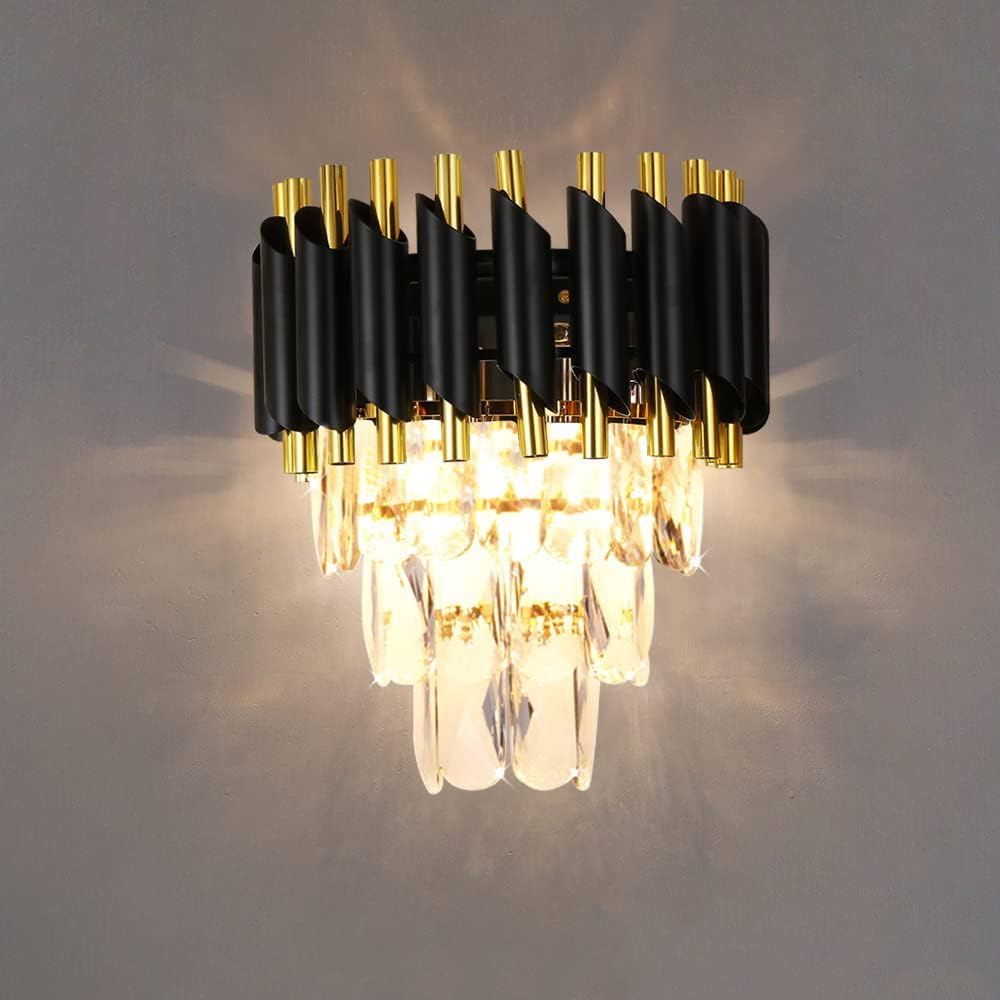 Crystal Wall Sconce, 10 inch Modern Wall Flush Mount Gold Wall Light Fixture for Bedroom Living Room Dining Room Indoor Lighting, Black Wall Light,Included Bulb
