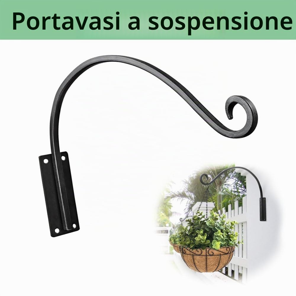 Portavasi pensile per esterni, set di 2 ganci da parete resistenti per supporti per piante, staffe per cesti appesi per mangiatoie per uccelli, carillon a vento e cesti per piante (28 x 40 cm)