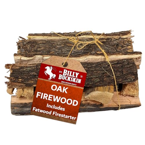 Billy Buckskin 18 LB Oak Firewood Bundle – Seasoned Fire Logs with Fatwood Starter Sticks for Fire Pit, Campfire, Fireplace, Wood Stoves and Outdoor Grilling – Camping Accessories