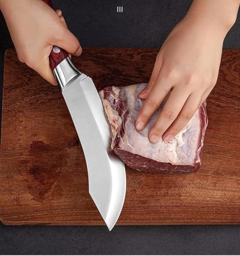 Image of Butcher Knife with Curved Blade and Wooden Handle, Kitchen Cutting Knife for Meat and Vegetables