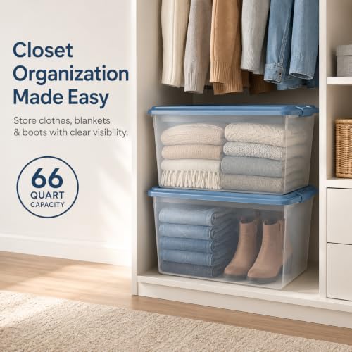 Image of Storage Bins 66 Qt Clear Latching Lid Stackable 6 Pack Blue | Clear Construction with Secure Latches - Easy to see contents without opening. Color latches keep lids firmly attached.
