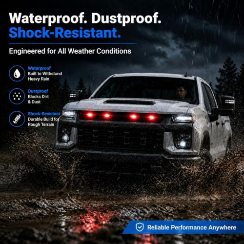 Image of Car Front Grill Set of 4 Pcs Universal Smoked Shell Style DRL Emergency Warning Off-Roading Lights (4 X 4) for All Cars, Vans, SUV, Trucks (Red)