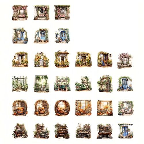 Pegatinas Scrapbooking Vintage,Papel Decorativo Estético para Papelería,6 sets de pegatinas de papel vintage para álbumes de recortes, 90 piezas, 30 diseños, para Álbum,Fotos,Journal Diario