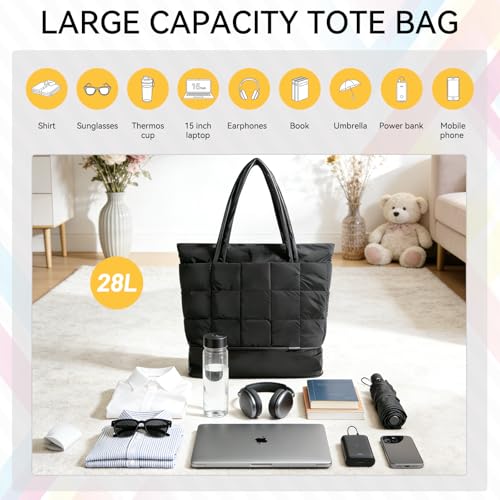 Bolso tote acolchado para mujer, ligero, negro con cremallera, ideal para trabajo, viaje, gimnasio y uso diario miniatura 4