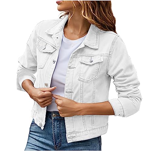 Women Denim Jacket Coats Long Sleeves Pocket Fashion Cardigan Solid Color Open Front Outerwear Jackets Comfy