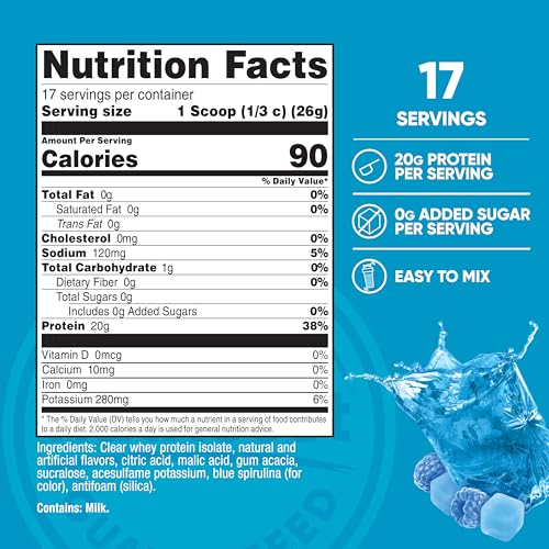 Image of Nutricost Clear Whey Protein Isolate Powder (Blue Razz Pop) 1 LB - 20g Protein Per Serving, Zero Added Sugar, Easy-Mix WPI Drink, Gluten-Free, GMO-Free, 17 Servings