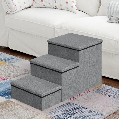 Forlogic Dog Stairs for Small Dogs Medium Dogs Pet Stairs for High Beds and Sofas, Folding 3-Step Pet Steps, Adjustable Non-Slip Dog Ramp with Storage Condo and Cat Scratcher