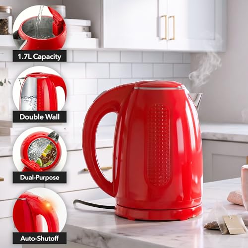 Image of OVENTE 1.7L Double Wall Electric Tea Kettle, 1100W Power, Red KD64R | Water Boiler with Cool-Touch Exterior, Stainless Steel Interior, Auto Shut-Off, Boil-Dry Protection & Locking Lid, Easy Clean