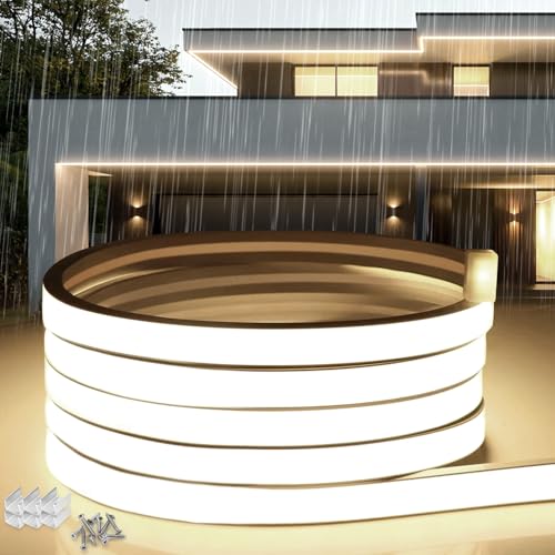 SUCIKORIO Neon LED Strip 15m, siliconen waterdicht vuurvast IP65 LED Strip natuurlijk wit 4000K 10mm LED-kerstverlichting buiten 220V flexibele doe-het-zelf-lichtstrip buitenruimte met voeding
