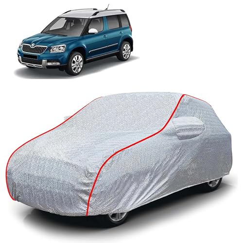 Image of Sulfar 100% Waterproof Car Body Cover Compatible with Mirror for Skoda Yeti (Triple Stitched, Full Bottom Elastic, Magic Silver with Red Piping)