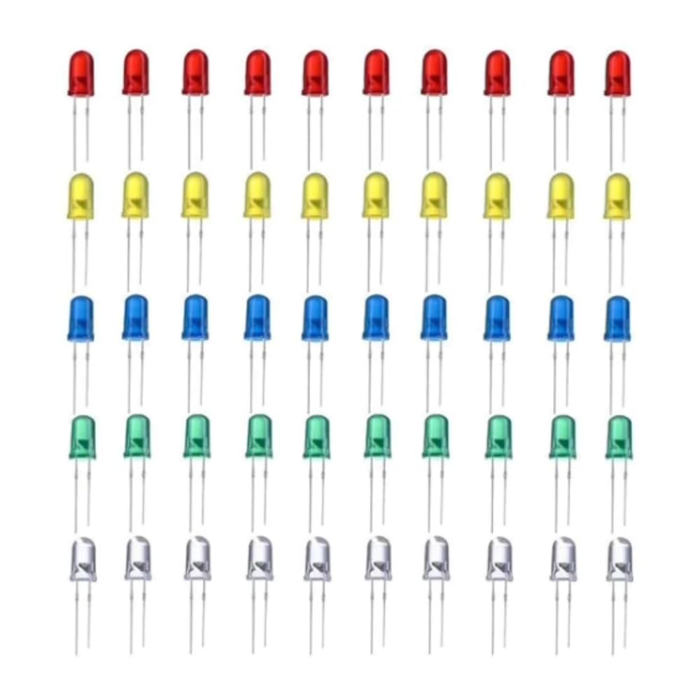 MaisonUp | (Pack of 50 | LED Combo Pack - 5mm LEDs in Red, Green, Yellow, Blue, and White - 10pcs Each - Ultra-Bright Colored Diodes for DIY Projects