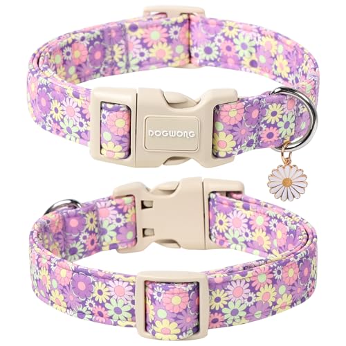 DOGWONG Hundehalsband, Hunde Halsband für Kleine Mittlere und Große Hundes, Komfort Gemustertes Hundehalsbänder Verstellbares, Lila Blume M