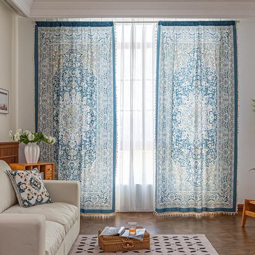 Image of Blue Medallion Curtains 84 Inches Long, Boho Farmhouse Light Filtering Rod Pocket Drapes with Tassel Trim for Bedroom Living Room, 2 Panels