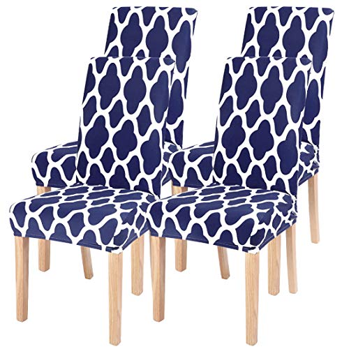 Image of SearchI Dining Room Chair Covers Set of 4, Spandex Stretch Kitchen Chair Slipcovers Removable Washable Moroccan Geometric Parsons Chair Covers Protector for Dining Room, Hotel (Navy Blue)