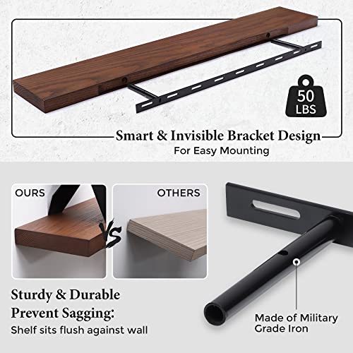 Axeman Oak Floating Shelves, 36 Inch Wall Shelf Set Of 2, Solid Wood Shelves For Wall Storage, Wall Mounted Wooden Display Shelf For Bathroom Bedroom Kitchen Garage, Walnut #TOP4