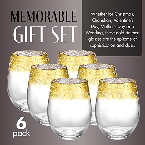 Kitchen Lux 18 Oz Gold Rimmed Wine Glass - Unique Stemless Wine Glasses Set Of 6 - Accented Rim - Large Gold Drinking Glass Cocktail Tumblers - Deluxe Glassware Gift Box For Christmas, Dishwasher Safe #TOP3