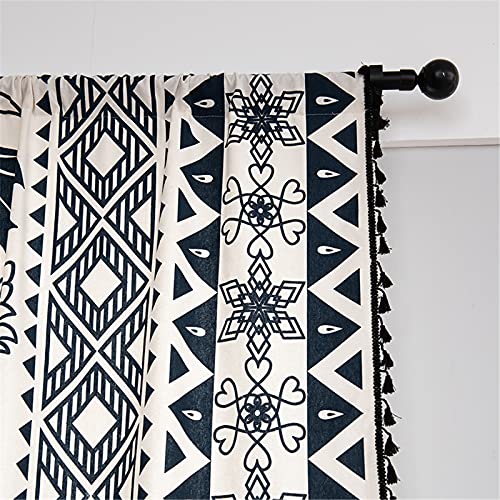 Deeprove Boho Curtain 63 Inches Long, White Cream Cotton Linen Bohemian Print Black Tassel, Blue Mandala Geometric Semi-Blackout Window Panel Fringe Drape For Living Room, Rod Pocket 1 Panel 59"X 63" #TOP4