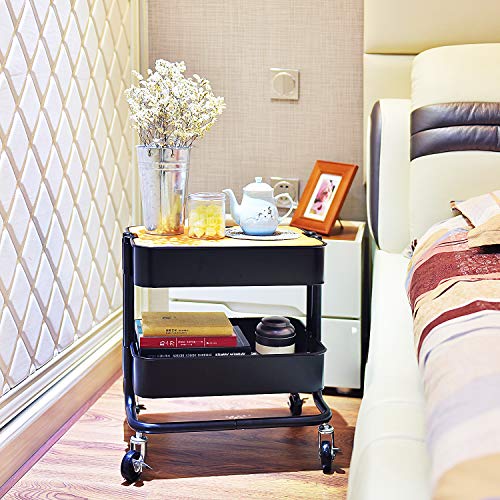 2-Tier Metal Utility Rolling Cart Storage Side End Table with Cover Board for Office Home Kitchen Organization, Black - Thumbnail 7