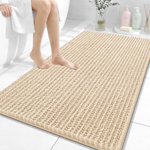 Image of OLANLY Bathroom Rug Mat 44x32, Thick Soft and Absorbent Chenille Bath Mat, Non-Slip Rubber Backing, Machine Washable Quick Dry Bath Rugs for Tub Shower Floor, Home Decor Accessories, Beige