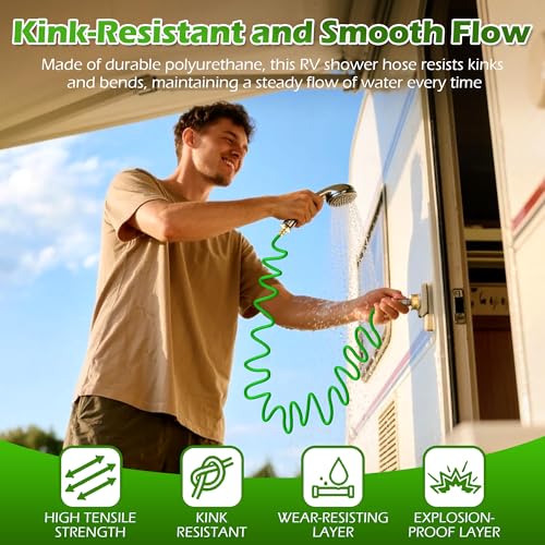 Image of RV Exterior Shower Hose, 15FT Green Coil Water Hose with 1 /2 inch Quick Connect Adapter, Recoils to 9 inch, Weather Resistant Recoil Garden Camper Tube for RV Outdoor Shower, Garden Use, 3 /4 inch Fitting