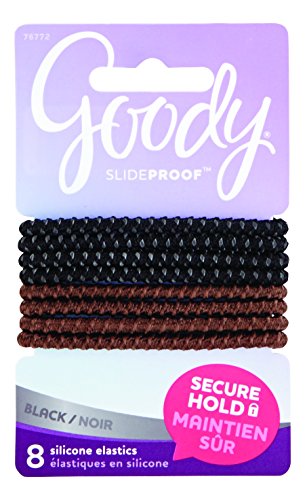 Goody SlideProof Hair Tie Elastics, 4mm, Black and Brown, 8-count