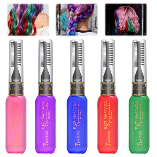 Colorazione Temporanea Capelli 5 Pezzi, Tinta Capelli Lavabile con Mini Pettine 5 Colori Vivaci mascara per capelli Tintura Capelli Temporanea per Feste Carnevale Concerti e Uso Quotidiano