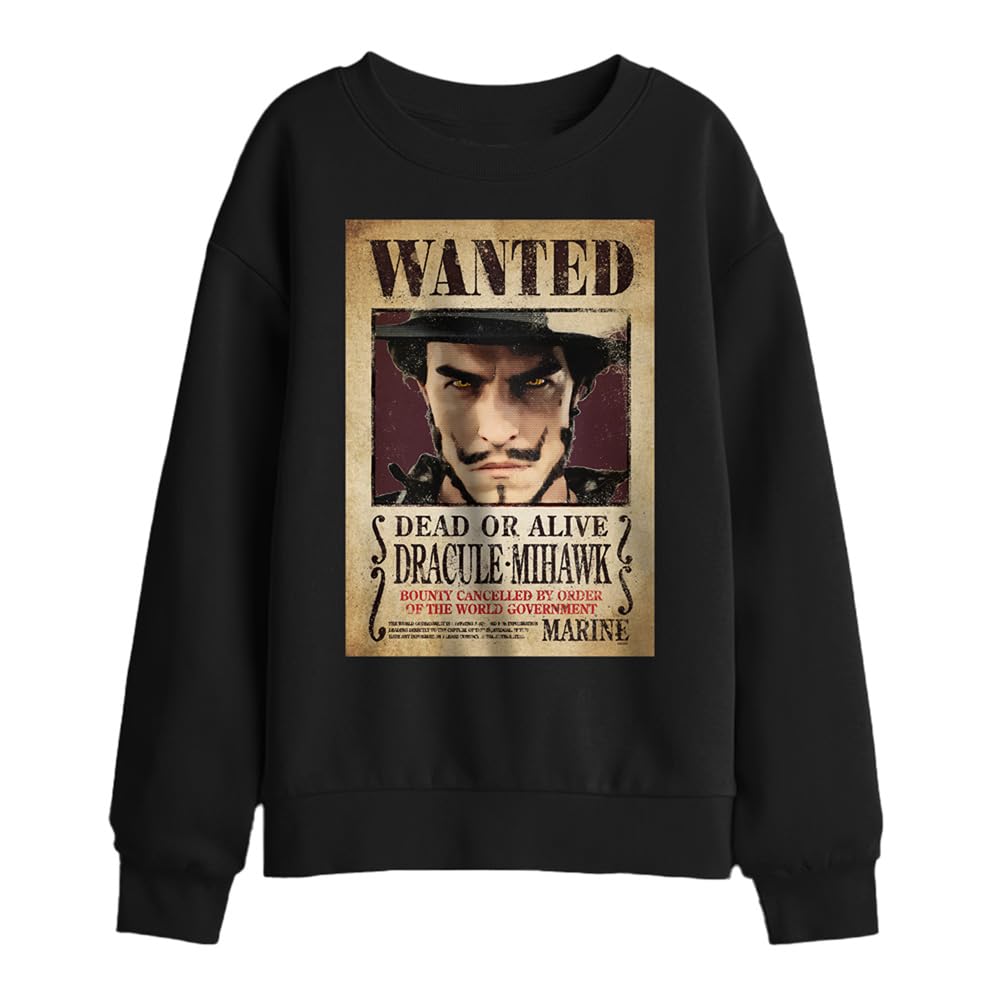 One Piece Dracule Mihawk Pirate Wanted Poster Kids Sweatshirt, Black, 5-6Y